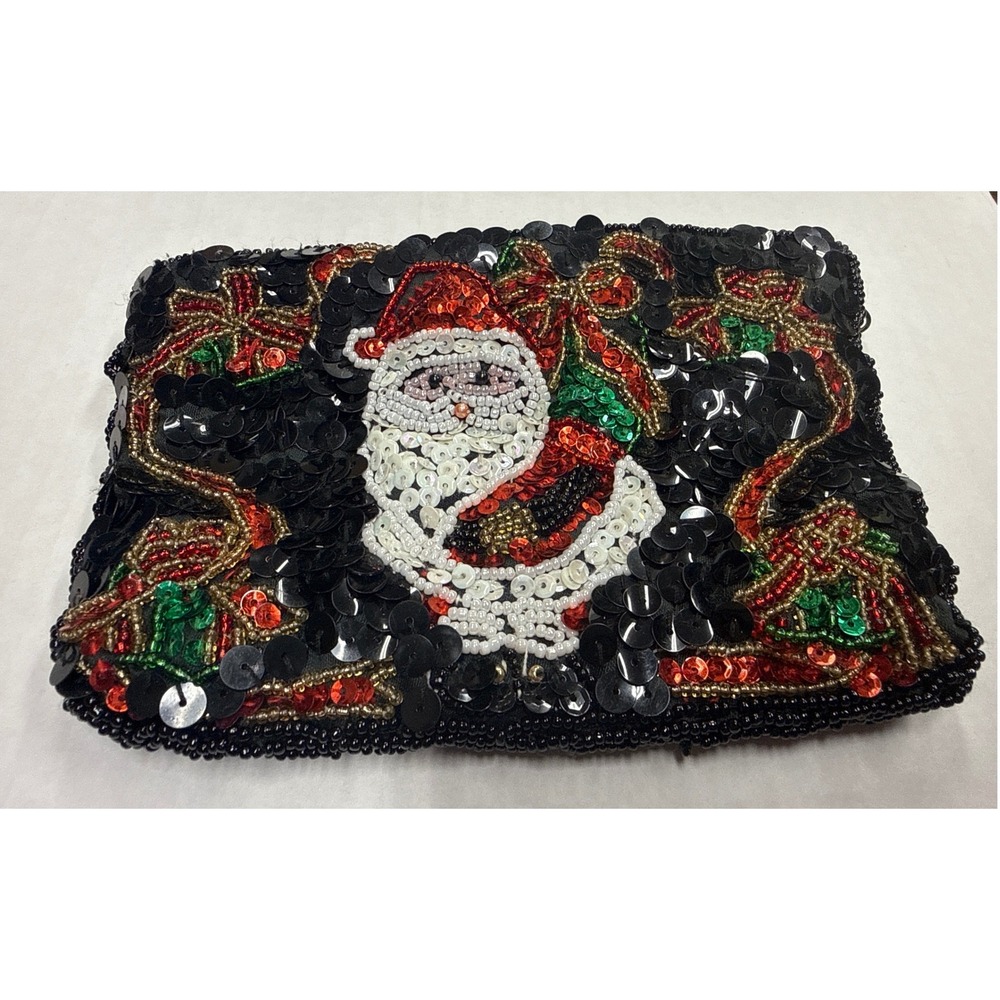 Vintage Beaded Santa Claus Christmas Sequin Clutch Holiday Pouch Black Red Green